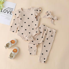 Conyson Wholesale New Kids Clothing Spring Baby Girl 3 pcs Vintage with buttons Outfit Long Sleeves Heart Print Baby rompers