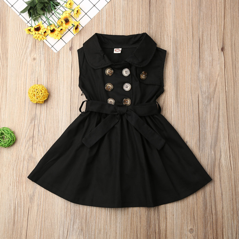 Toddler Baby Girls Retro Dress Sleeveless Double-Breasted Windbreaker Dress Party Pageant Belt Buckle Princess Dress 1-6Y