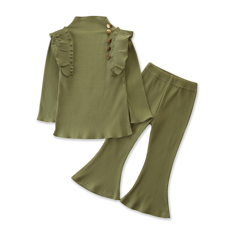 Conyson Fashion Kids Summer Girls Clothes Sets 2pcs Ruffles Solid Knit Long Sleeve Pullover Tops Flare Pants Boutique Girls Set