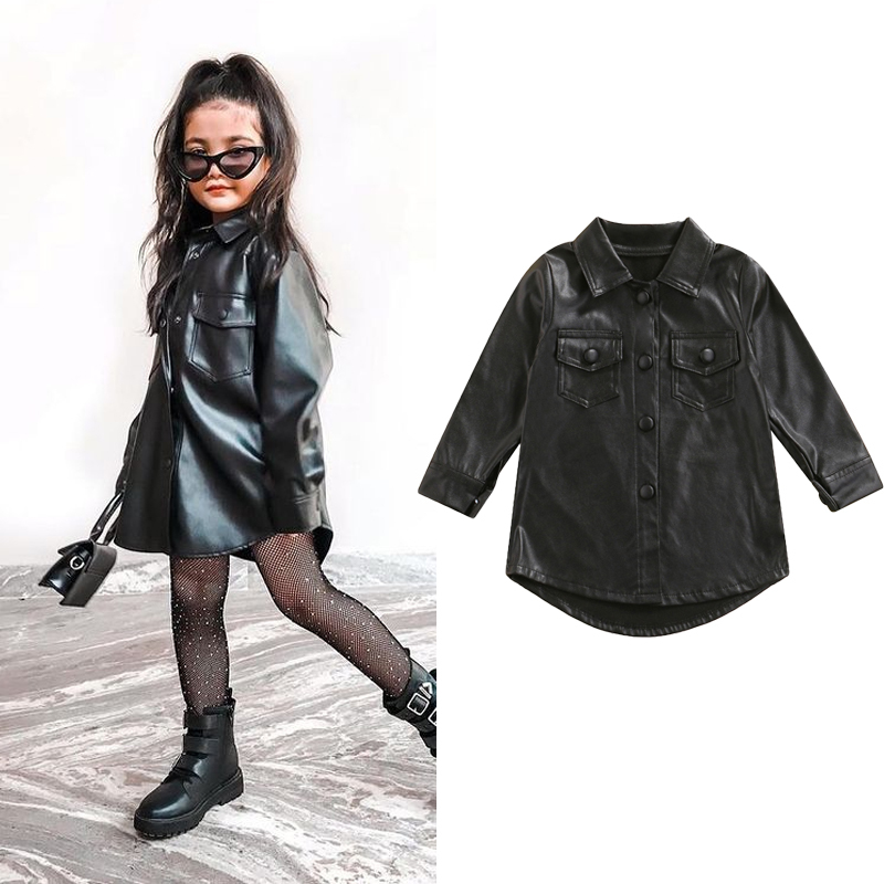 Conyson Wholesale Hot Fashion Summer Kids Clothes Leather PU Casual Solid Long Sleeve Single Breasted Straight Knee Dress Jacket