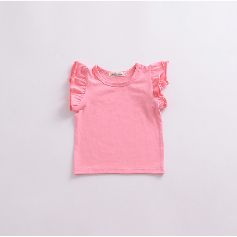 Conyson boutique Children's baby Korean kids Fashion pure color shirt fold shoulder wear Summer cute Girl clothing Tops T-shirt