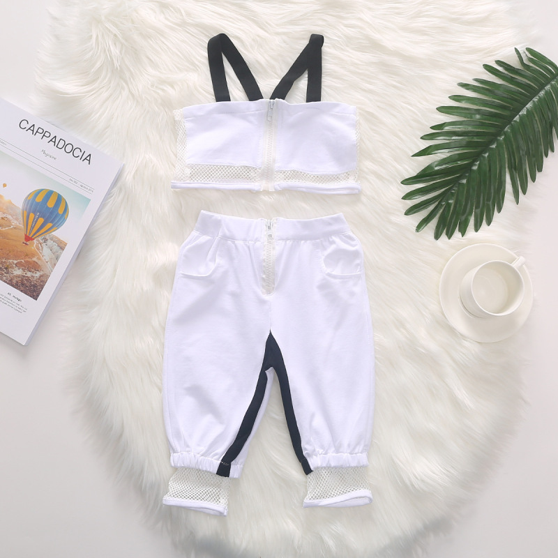 Conyson Mesh Zip White Cotton Tank Top High Waist Long Jogging Pants Workout Clothing Toddler Baby Girls 2pcs Tracksuit Set