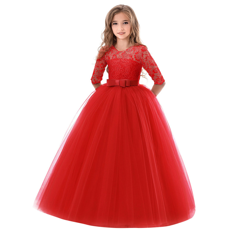 high quality popular hot sale 5 pure colors Girl Princess Dress Kids o-neck Lace Half Sleeve Flower Girls party Dresses