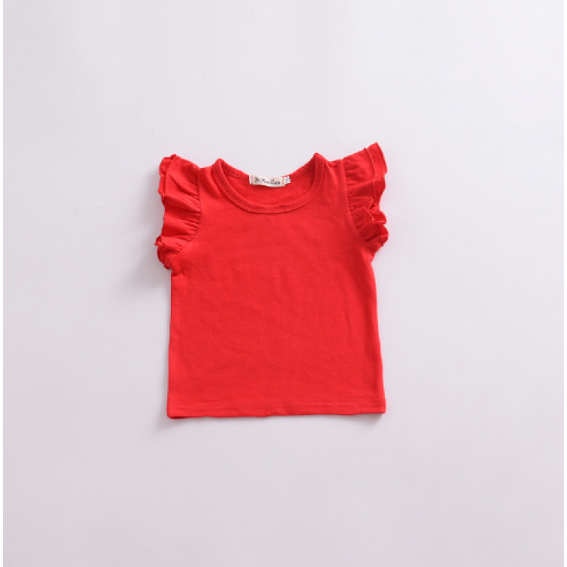 Conyson boutique Children's baby Korean kids Fashion pure color shirt fold shoulder wear Summer cute Girl clothing Tops T-shirt