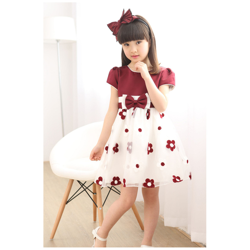 Conyson hot sale summer leisure polyester Girls Dress print casual bowknot pure color Girl sunflower Dress Korean Girl Dresses