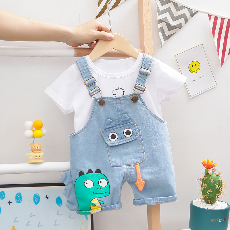 Boy Summer Clothes Customized 1-5 Years O-neck Cartoon Denim Overalls Clothes Boys Spring Clothing Jeans Sets