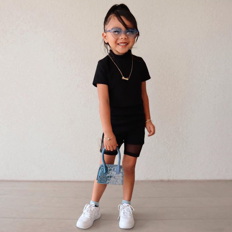 Conyson Hot Sale Kid Clothes Summer New Short Sleeves Black Solid Lace Top Shorts 2Pcs Fashion Children Causal Custom Outfit