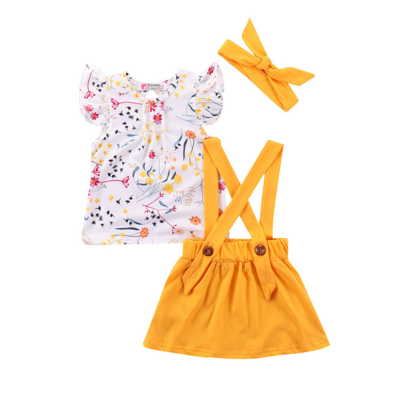 Conyson Wholesale Kids Clothing Outfits Suits Summer Baby Girl Flower Print Shirt +Yellow Skirt +Headband 3Pcs Girls Clothes Set