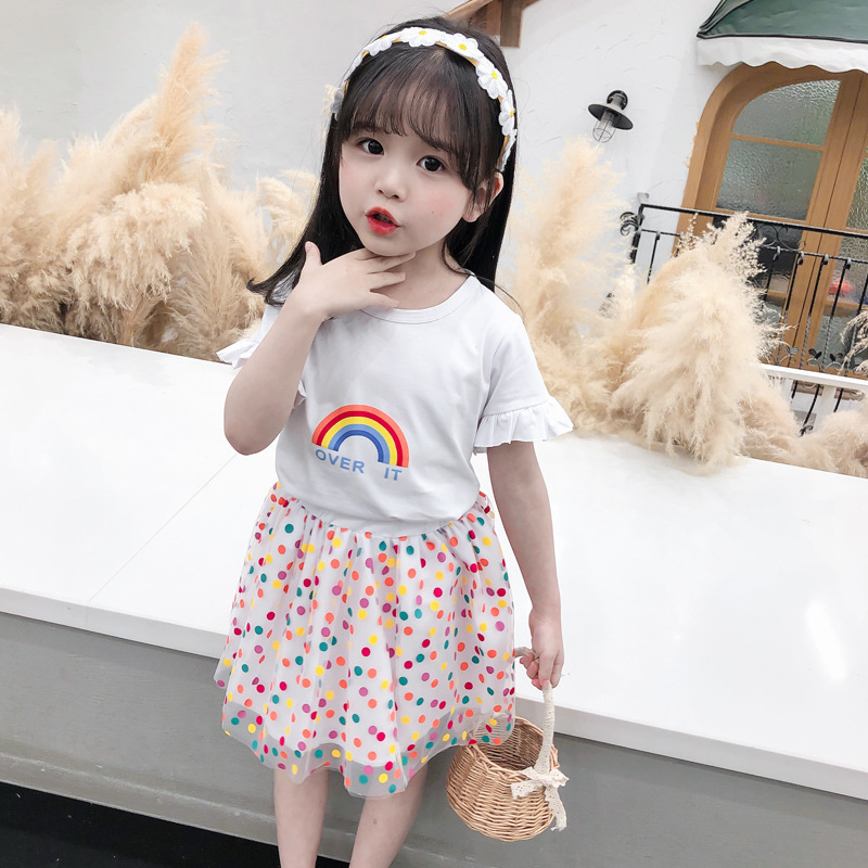 Conyson Summer 2023 New Children's Fashionable Clothes Baby Summer Dress Tulle Skirt Two-Piece Newborn Rainbow Ruffle Girl Set