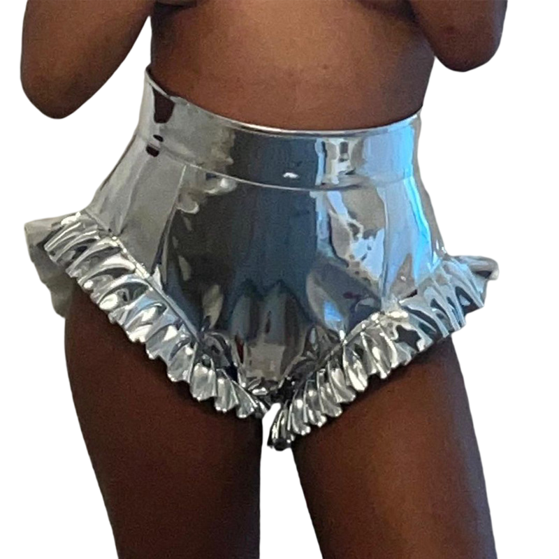 Lady Fashion High Waist Booty Summer Shorts PU Faux Leather Silver Metallic Ruffle Shiny Shorts For Women
