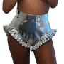 Lady Fashion High Waist Booty Summer Shorts PU Faux Leather Silver Metallic Ruffle Shiny Shorts For Women