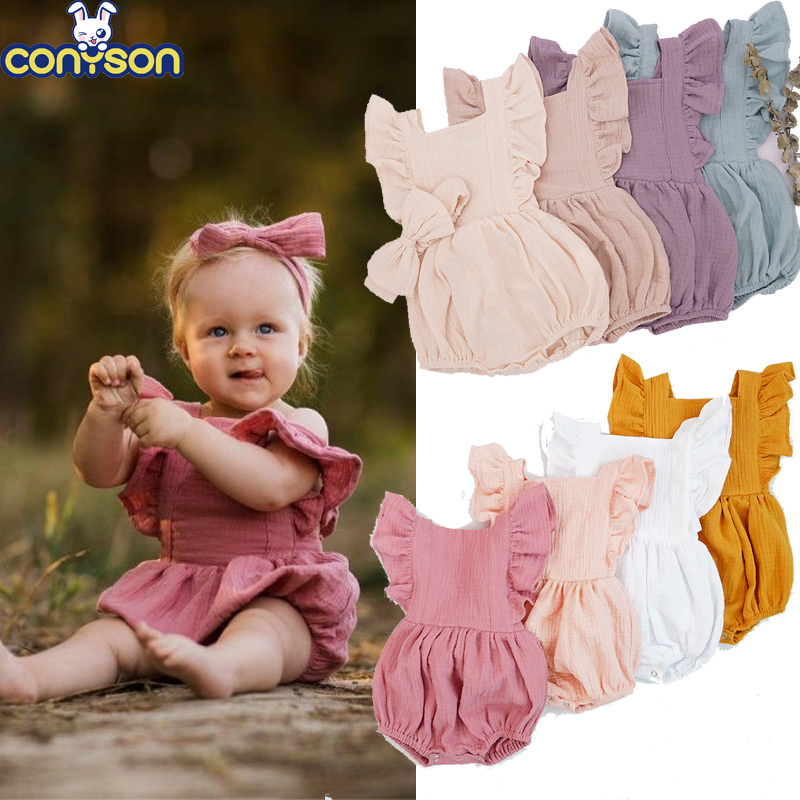 Conyson Hot Sale Summer Sleeveless Jumpsuit With Headband 2Pcs Sets Sweet 100% Cotton Baby Girl Rompers