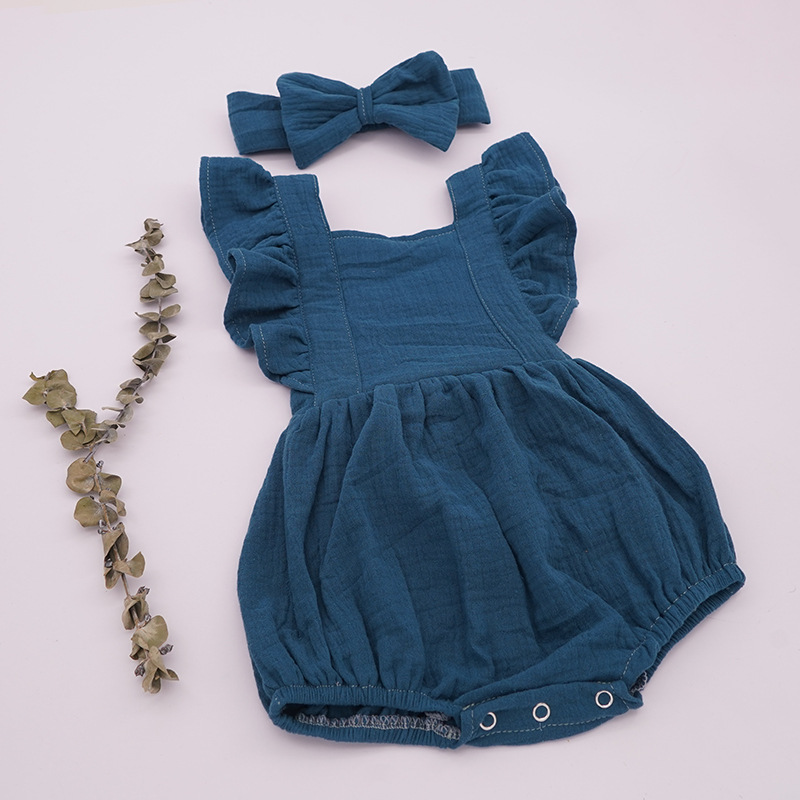 Conyson Hot Sale Summer Sleeveless Jumpsuit With Headband 2Pcs Sets Sweet 100% Cotton Baby Girl Rompers