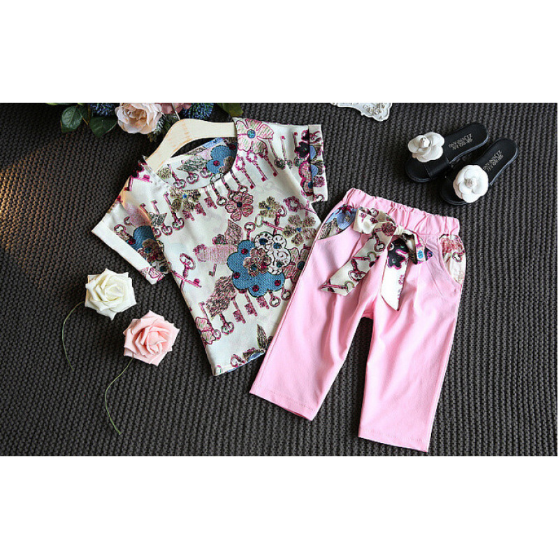 Flower Pattern New Design Boutique Toddler Kids Children Girls Clothes Summer Short Sleeve Suit Sets