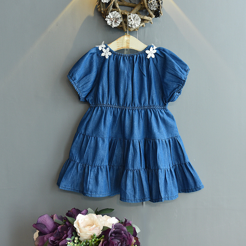 Hot Sale 2021 Summer Korean new Fashion Short Sleeve Flower Blue ruffle A-Line clothing beautiful Princess baby Girl Denim Dress