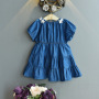 Hot Sale 2021 Summer Korean new Fashion Short Sleeve Flower Blue ruffle A-Line clothing beautiful Princess baby Girl Denim Dress