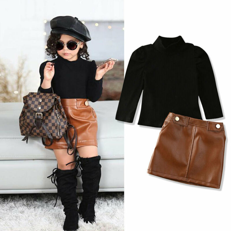 Girls Fashion Clothes 2 Pieces Suit Sweater Tops Hot Sale Kids Solid Color Long-sleeved Top Leather Skirt Girl Clothing Sets