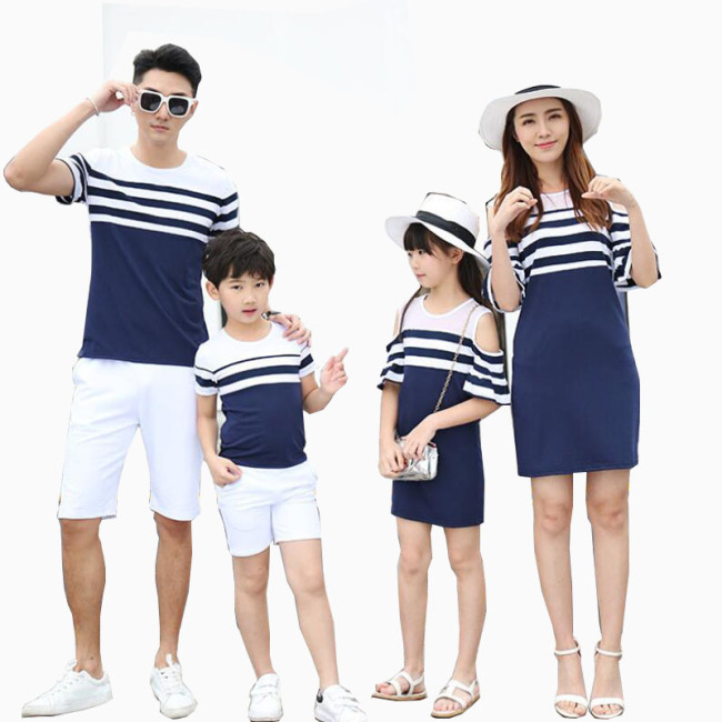2020 Hot Sale Striped Knitted Short Sleeve T Shirt Parent-Child Outfit Family Matching Clothing Sets