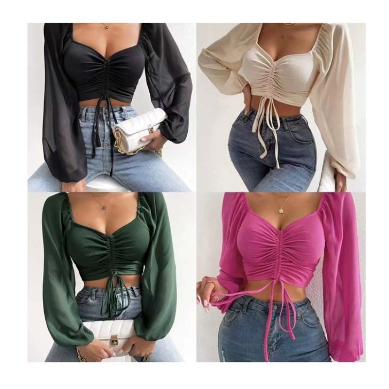 Conyson Fashion Spring Fall Long Sleeve Sexy Deep Square Neck Crop Top Chiffon Shirts Tops Short Women Lady Blouse Clothes