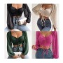 Conyson Fashion Spring Fall Long Sleeve Sexy Deep Square Neck Crop Top Chiffon Shirts Tops Short Women Lady Blouse Clothes