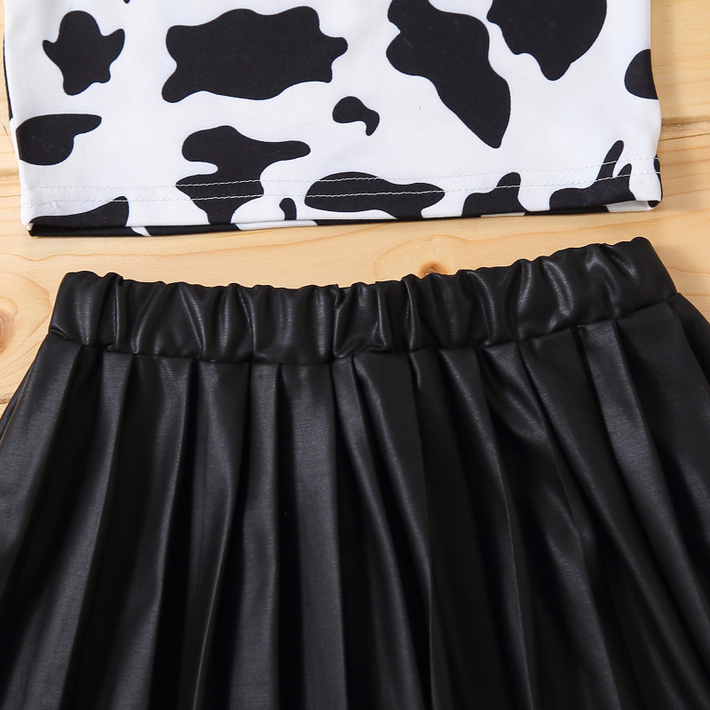 Conyson Wholesale Summer Sleeveless Printing Vest Top+PU Skirts Kids Girls Casual Fashion 2pcs Outfits