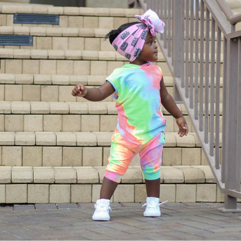 Conyson Summer Fashion Kids Girl Clothes Set Sleeveless Tie Dye Printed T-shirts+ Pants 2pcs Little Girls Tracksuits Outfits
