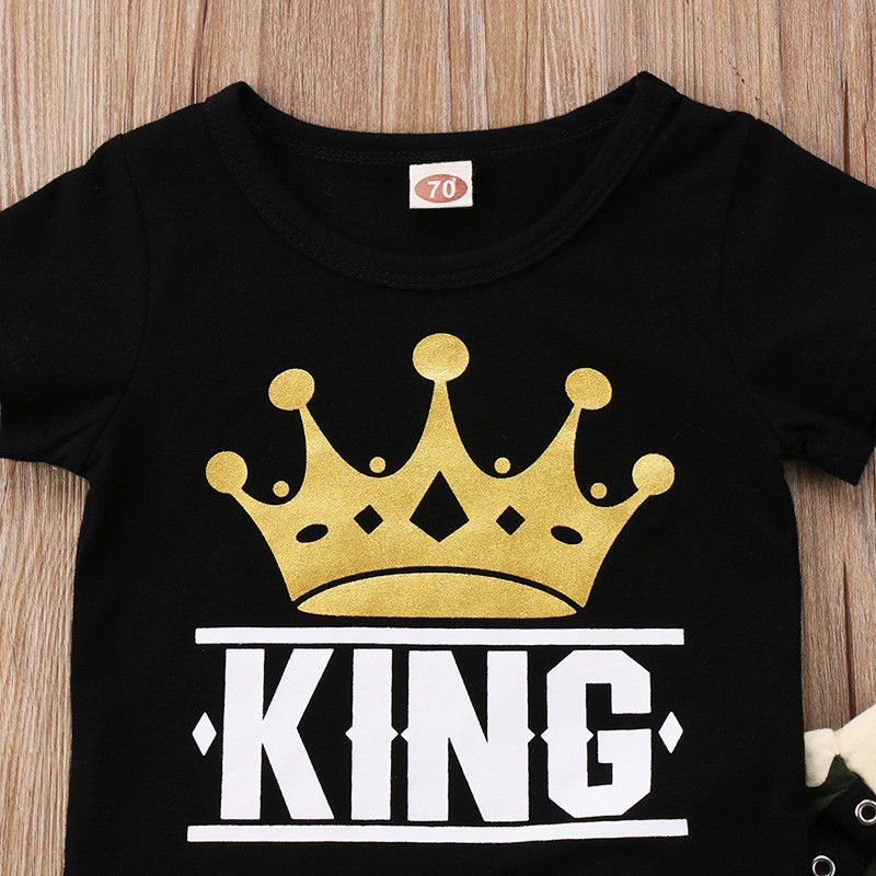 Conyson Baby Boys Camouflage Long Pants+Black T-shirt Suit Sets Kids Boy Crown King Print Short Sleeve Tops Two-Piece Outfits