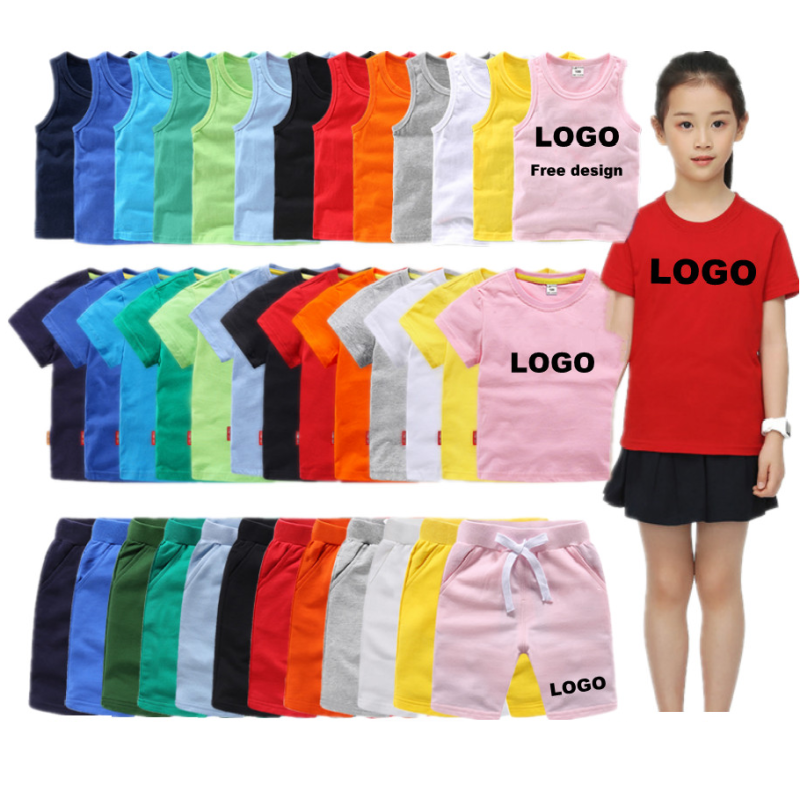 Conyson Summer Solid Color Cotton Shorts T Shirt Kids apparel Custom logo Baby Boys Clothing Sets 2 To 12 Years Old Clothes Sets