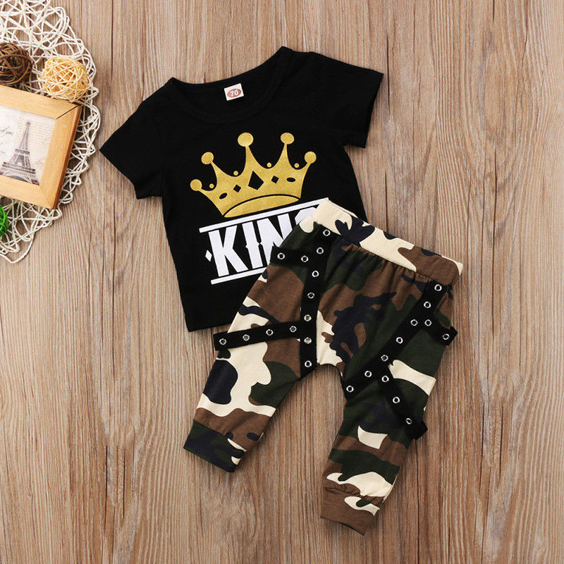 Conyson Baby Boys Camouflage Long Pants+Black T-shirt Suit Sets Kids Boy Crown King Print Short Sleeve Tops Two-Piece Outfits