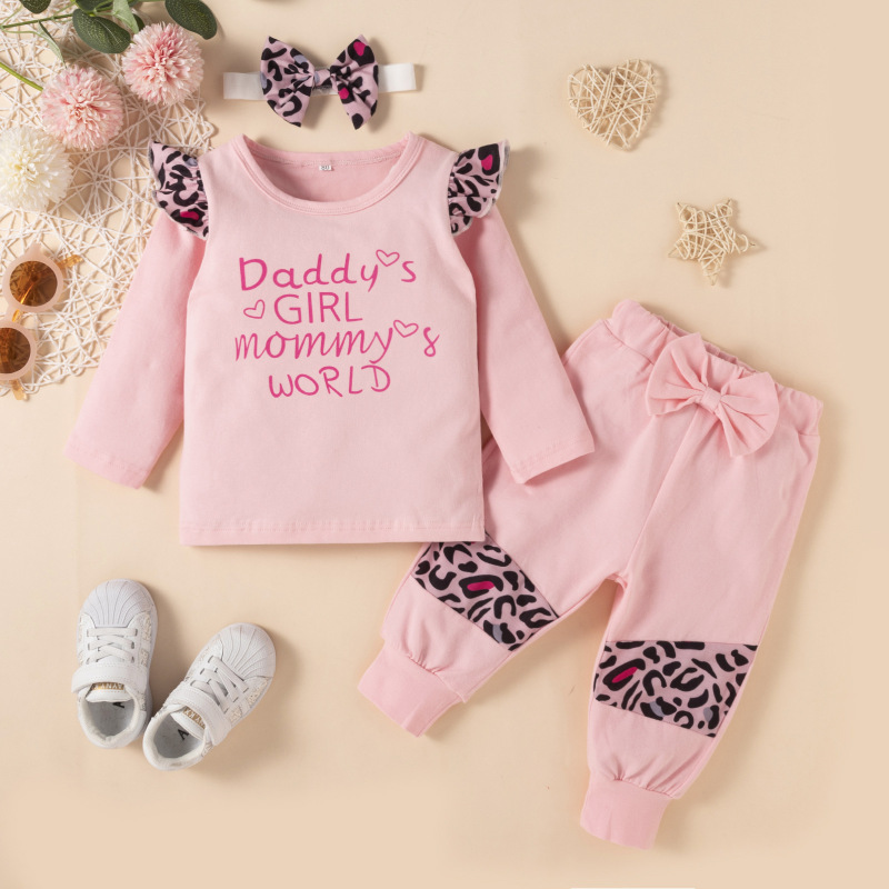 New Splicing Printing Flying Sleeve Bow Three-piece Suit Winter Children's Girls Leopard Letter Kids Clothes Girls Sets