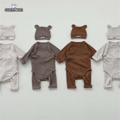 Conyson Wholesale Infant Girls Clothes Sets Cotton Solid Clothing With Bear Hat Pants Newborn Unisex Baby Romper Suit