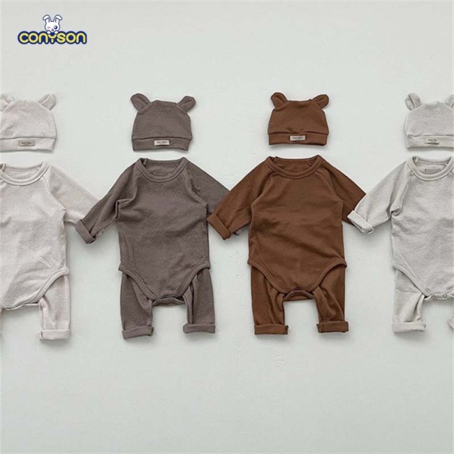 Conyson Wholesale Infant Girls Clothes Sets Cotton Solid Clothing With Bear Hat Pants Newborn Unisex Baby Romper Suit