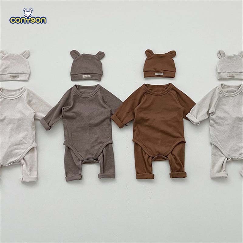 Conyson Wholesale Infant Girls Clothes Sets Cotton Solid Clothing With Bear Hat Pants Newborn Unisex Baby Romper Suit