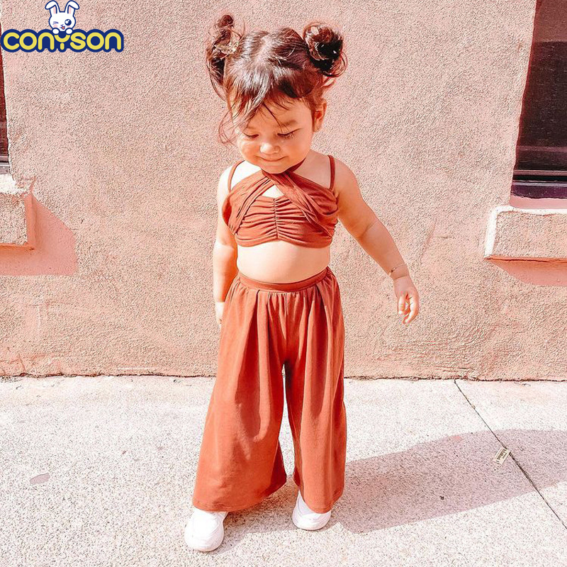 Conyson Hot Sale Kid Clothes Summer New Trend Suit Short Sleeve Halter Vest Top and Long Pants 2Pcs Children Baby Girls Sets