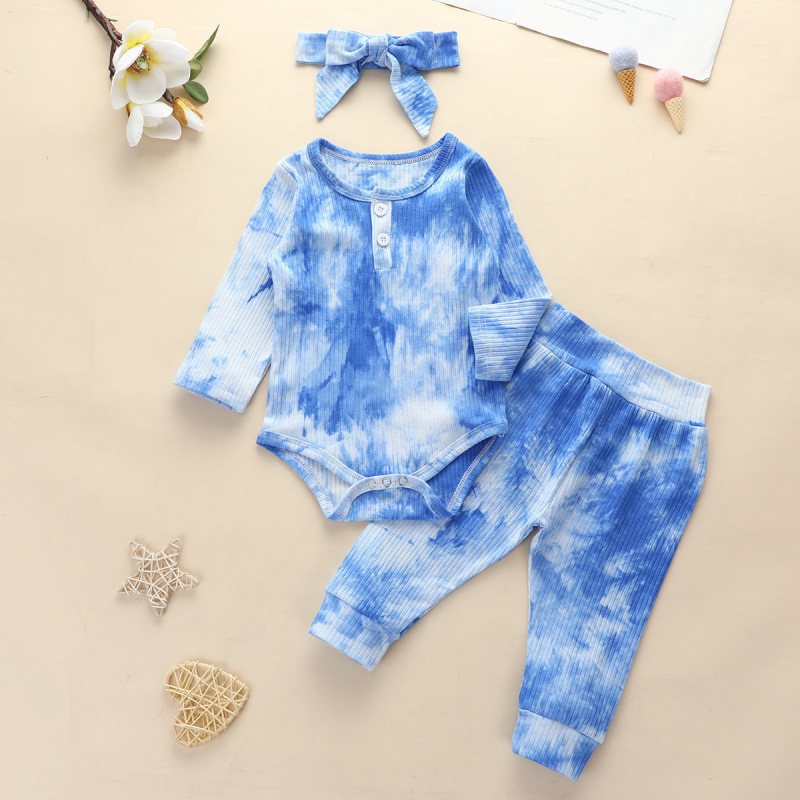 Conyson Wholesale Kids Clothes Spring Long Sleeve Tie -dye Pullover Pants with Headband Unisex 3Pcs Toddler Baby Clothing Set