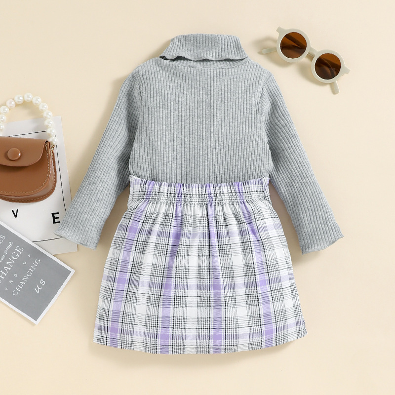 Baby Girl Dress Sets High Collar Knitted T-shirts Sweater Plaid Double Breasted Short Skirt Two Pieces Suits