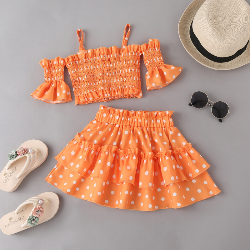 Conyson Hot Sale Summer Girls Printed Beach Fashion Halter Cake Children Dot Kids Clothing Skirt Set for 2-7 Years Girls