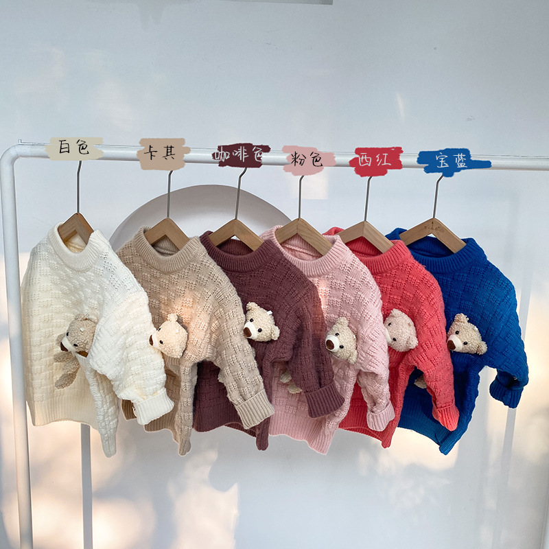 Spring Cute Bear Pocket Toddler Girls Pullover Sweater Solid Color Custom Kids Knit Sweaters Kids Wholesale Sweater