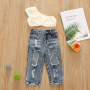 Conyson 2Pcs Casual Suit Solid Sleeveless Outfit One Shoulder Tank Tops+Hole Denim Pants Jeans Litter Girls Clothing Sets