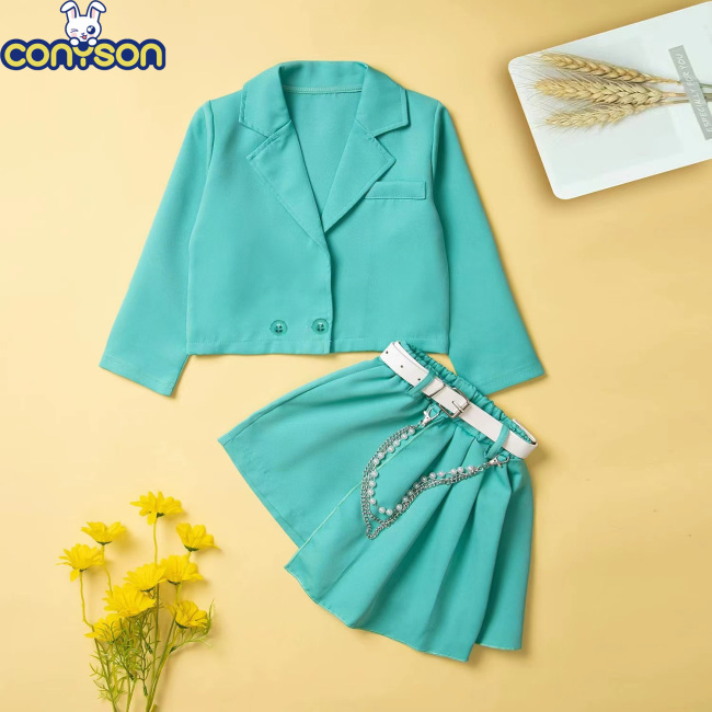 Conyson Latest Design Spring Autumn 3 to 8 Years Old Solid Candy Color With Belt Girl Children Kids Two Piece Short Sets