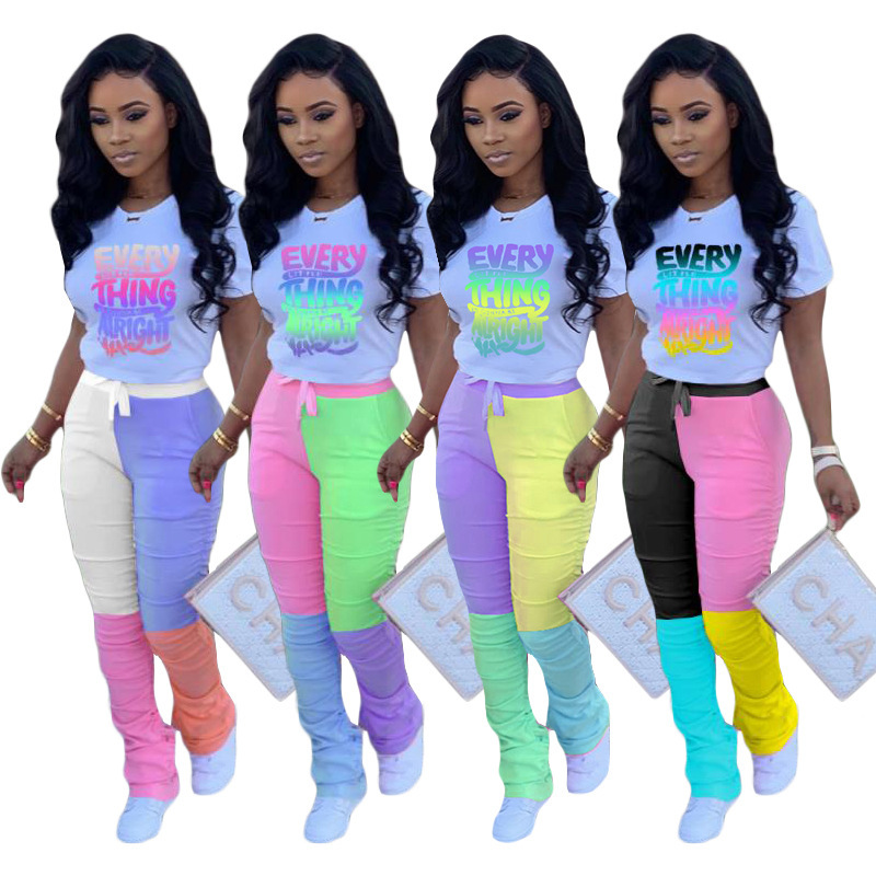 Conyson New Fashion Letter Mixture Printed Colorful T-shirt Patchwork Legging Pants Ruffles Women Lady Casual Outfits Sets