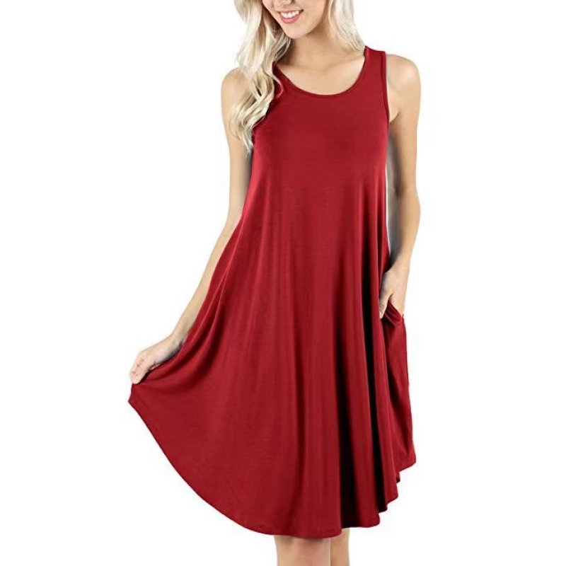 Conyson Factory Direct Price Sleeveless With Pockets 0-Neck Fashion Solid Splicing Casual Swing Plus Size Loose Woman Dress