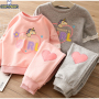 Conyson Latest Design Non-hooded Long Sleeve Cute Girl Track Cartoon pure color love print Girl autumn cotton Kids Clothing Sets