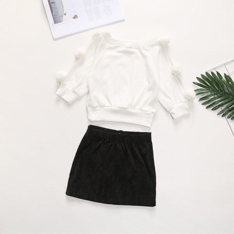 Toddler Baby GIrl Skirts Outfits Long Sleeve Knitted Pompom Sweater Top Oxford Button Aline Skirts Mini Dress Two Piece Sets