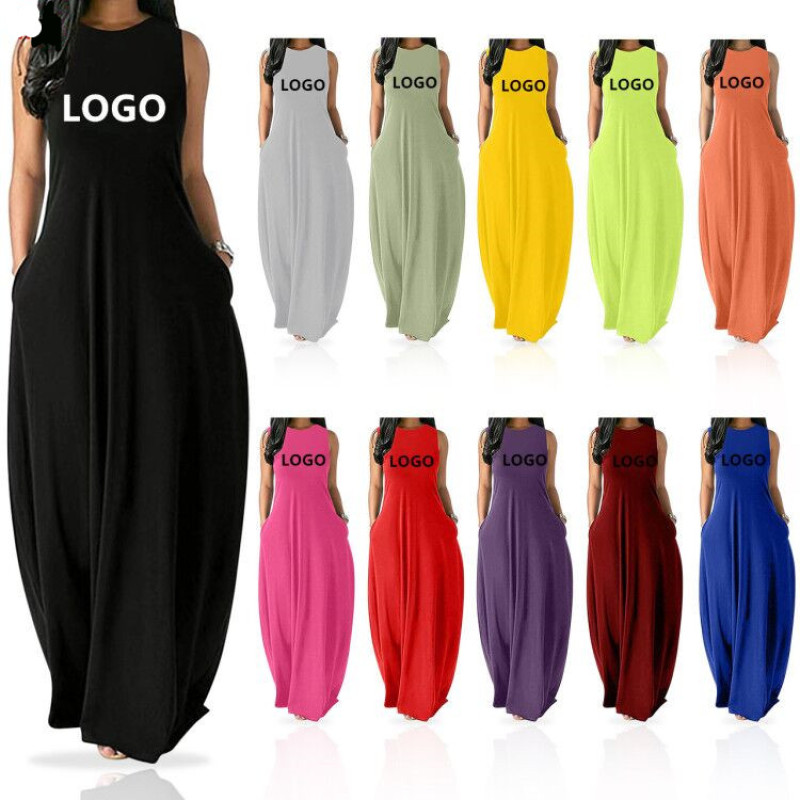 Conyson  Hot Summer Maxi Custom Logo Short Sleeve Women Sundress Solid Loose Pockets Ladies Long Dress Women Fashion Casual