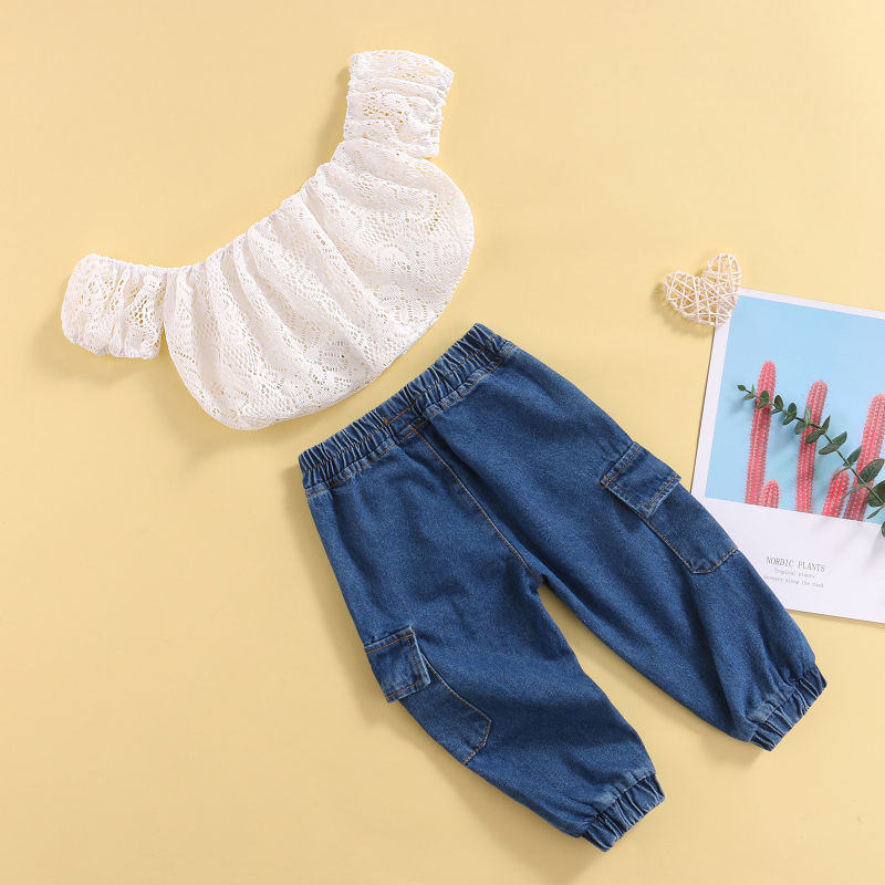 Conyosn New Hot Sale Summer Fashion Baby Girls Clothes Sets 2pcs Lace Floral Off Shoulder Short Sleeve T-Shirts Blue Denim Pants