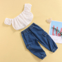 Conyosn New Hot Sale Summer Fashion Baby Girls Clothes Sets 2pcs Lace Floral Off Shoulder Short Sleeve T-Shirts Blue Denim Pants