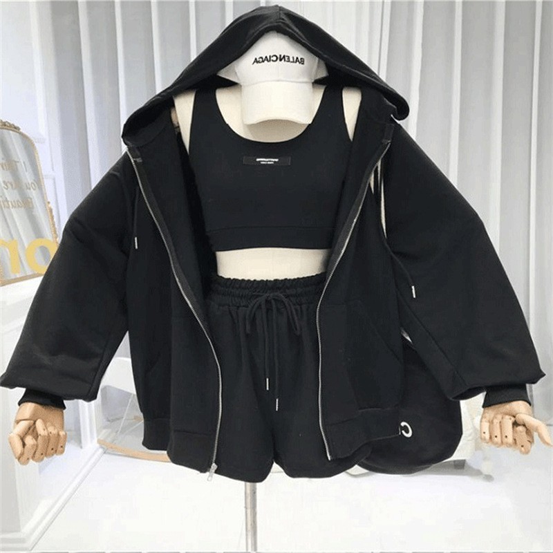Wholesale AUTUMN fashion designer women's short Clothes sport suit woman clothing three-piece adult tank top shorts hoodie Sets