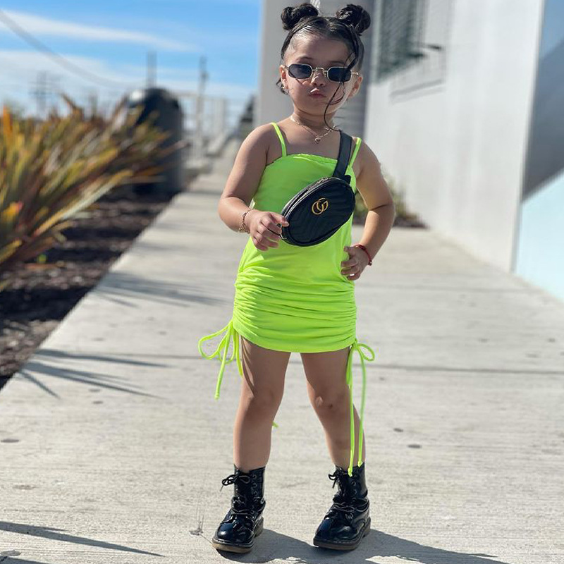 Conyson Wholesale Summer New Fashion Kids Clothes Halter Sleeveless Drawstring Skirt Solid Designer Little Girls Dress for Kids