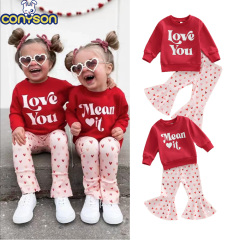 Conyson New Arrival Spring Autumn O-neck Long Sleeve Letter Hoodie Love Bell Bottom Sweet Style 3-8yrs Kids Girls Two Piece Sets